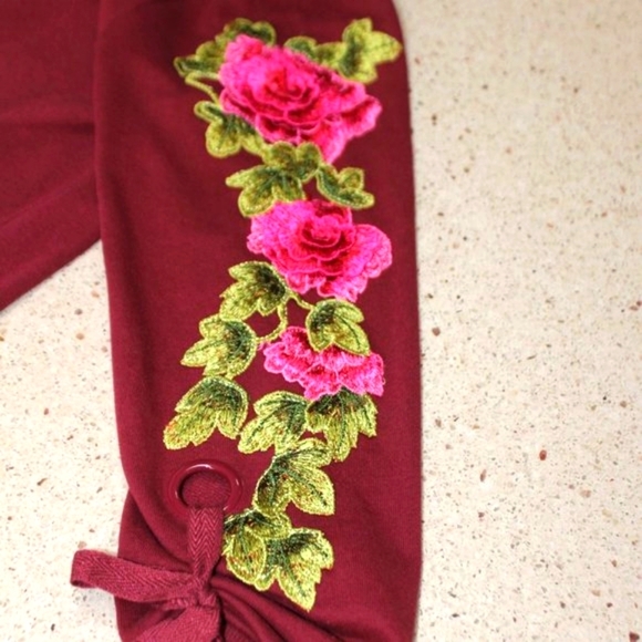 Hannah Burgundy Sweatshirt with Embroidery Floral Sleeves - Picture 10 of 12